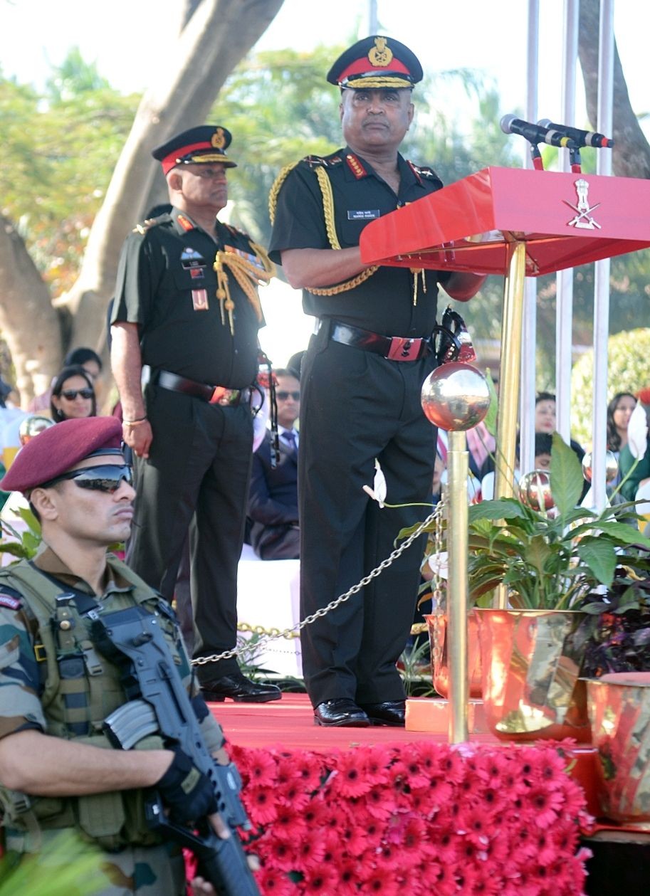 Bengaluru: Chief Army Staff General Manoj Pande addresses during the 75th Army Day celebrations at Govind Swamy Parade Grounds, in Bengaluru on Sunday, January 15, 2023. (Photo:  Dhananjay Yadav/IANS)